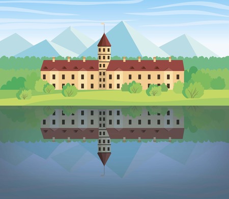 A big house with a tower on the shore of lakeのイラスト素材