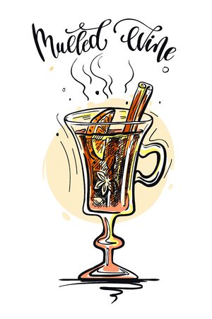 Christmas hot mulled wine with spices. Color sketch on a whiteのイラスト素材
