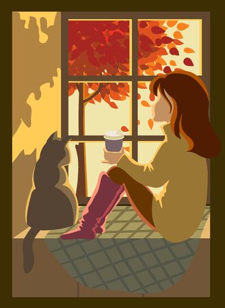 young girl enjoys the autumn scenery from the windowのイラスト素材