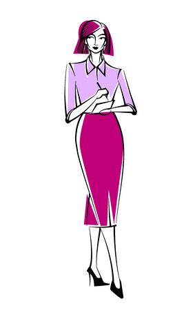 business woman in formal suit makes notes. flat illustration on white backgroundのイラスト素材