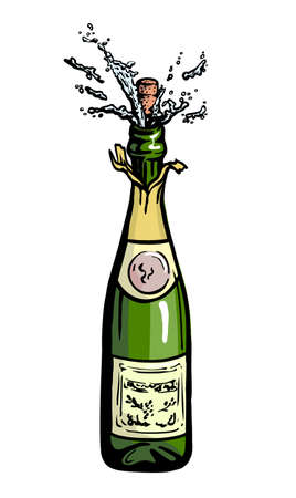 bottle of champagne at the time of opening. color vector illustration on a white backgroundのイラスト素材