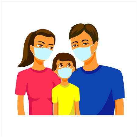 dad, mom and teenage son flat illustration. the whole family in medical masksのイラスト素材