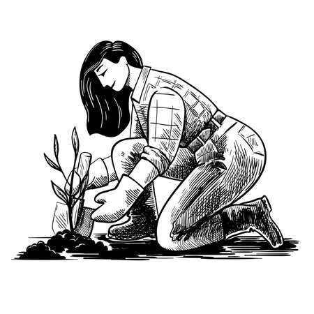 girl plants a plant in the soil flat illustration. gardener at workのイラスト素材
