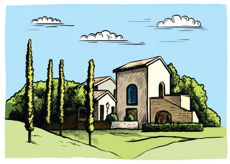 village houses and farmland. color sketch drawn by handのイラスト素材