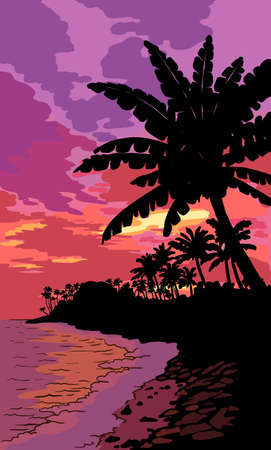 silhouettes of palm trees. sunset on a tropical islandのイラスト素材