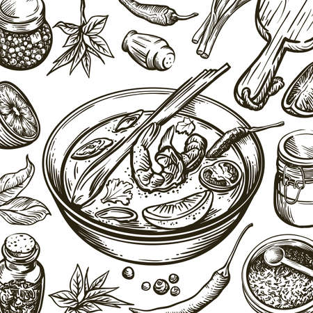 dish with soup tom yam and ingredients for its preparation. set of vector sketches on white backgroundのイラスト素材