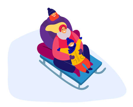dad, mom and child ride sled together. flat color illustrationのイラスト素材