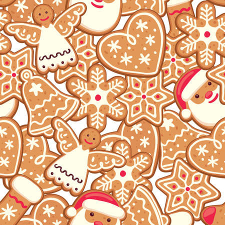 Holiday gingerbread man cookie seamless background. Cookie in shape of man with colored icingのイラスト素材