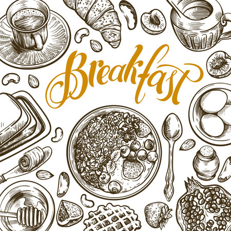 natural products for a good breakfast. food and dishes on the table. background of vector iconsのイラスト素材