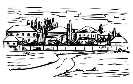 village houses and farmland. sketch drawn by hand on a grey backgroundのイラスト素材