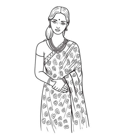 beautiful young girl in traditional Indian dress. vector illustration in flat style on white backgroundのイラスト素材