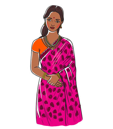 beautiful young girl in traditional Indian dress. vector illustration in flat style on white backgroundのイラスト素材