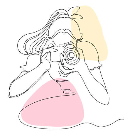 continuous line drawing of a woman using a camera vector illustrationのイラスト素材