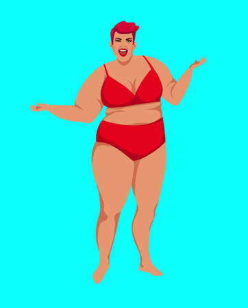 Plus size girl in red lingerie. A beautiful and cheerful woman who loves her body.のイラスト素材