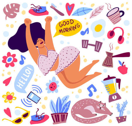 Beautiful girl stretches in bed in the morning.のイラスト素材