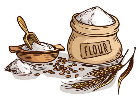 A bag of fresh burlap flour. Wooden dish and scoop on white background vector illustrationのイラスト素材
