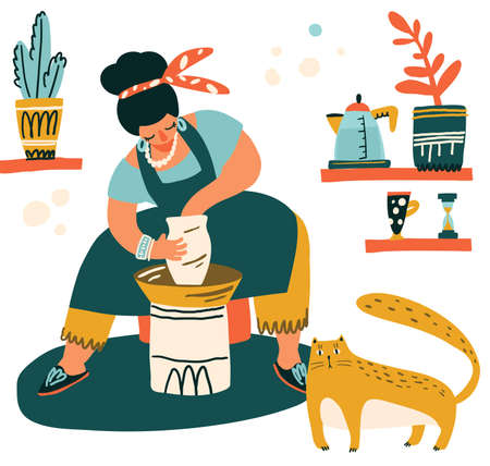 A beautiful girl on a potters wheel sculpts a pot. Big cat in cartoon style. Color vector illustration.のイラスト素材