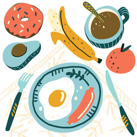 Morning. Healthy breakfast. Coffee, banana, egg, avocado, sausage, donut, orange. Set of hand drawn trendy vector illustrations. Cartoon style. Flat design.のイラスト素材