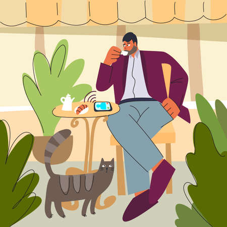 A man drinks coffee, color illustration in flat styleのイラスト素材