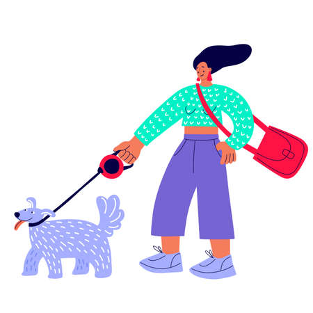 Woman walking with a dog, walk in a park with pets, illustration in flat styleのイラスト素材