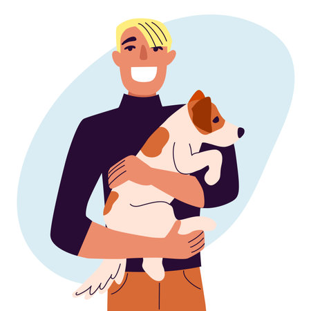Men with dog, best friends, walk with pets, color flat illustrationのイラスト素材