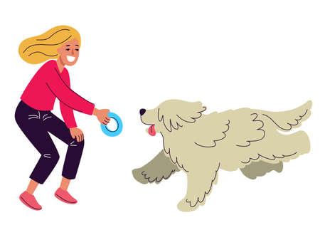 Woman walking with a dog and listening to music in headphones, walk in a park with pets, illustration in flat styleのイラスト素材