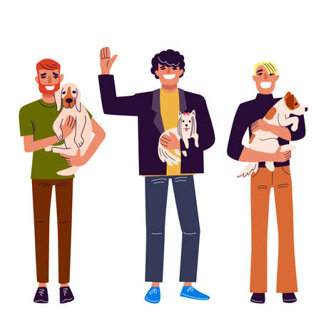 Men with dog, best friends, walk with pets, set of color flat illustrationsのイラスト素材