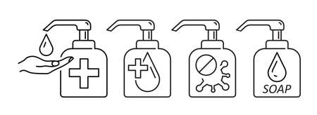 Gel to cleaning and disinfection virus, disinfectant solution. Set icons in flat style.のイラスト素材