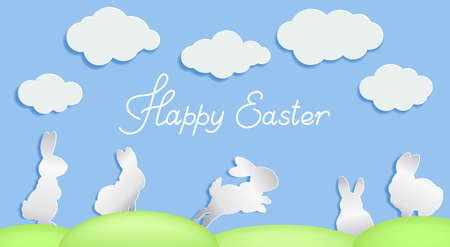 Easter holiday cards and invitations. Simple illustration with bunnies and white clouds.の写真素材