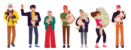 Men and women of different ages with their dogsのイラスト素材