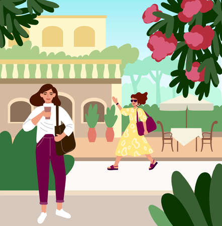 Woman drinking coffee and waits for a girlfriendのイラスト素材