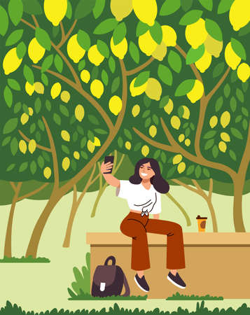 Woman makes selfie on a park benchのイラスト素材