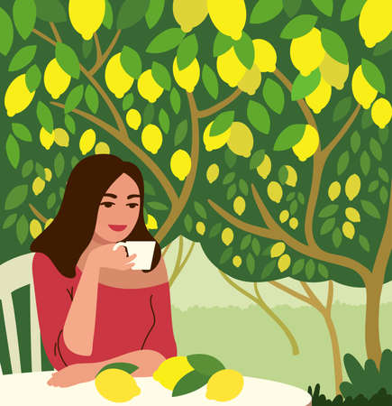 Woman drinking coffee in the garden in the shade of lemon treesのイラスト素材