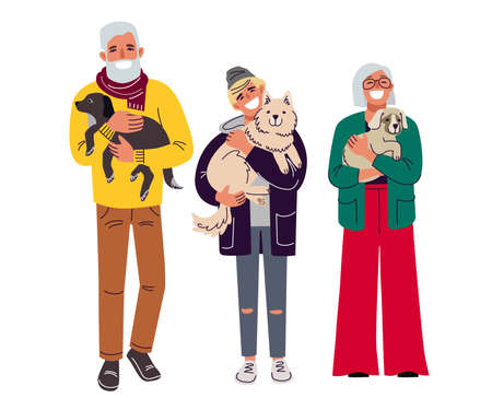 Man and woman with dogs, illustration in flat styleのイラスト素材