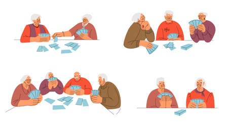 Older people play cards. Leisure and entertainment. Vector characters in flat styleのイラスト素材