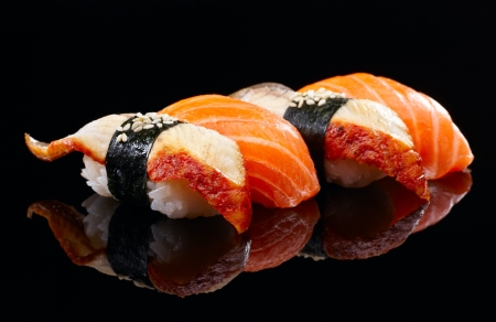 Sushi set on black backgroundの写真素材