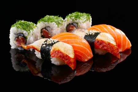 Sushi set on black backgroundの写真素材