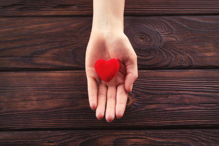 Small red heart in woman hand with copyspaceの写真素材