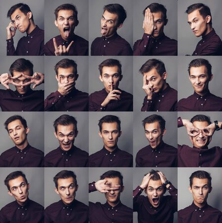 Set of young mans portraits with different emotions and gesturesの写真素材