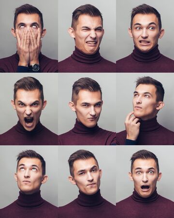 Set of young mans portraits with different emotions and gesturesの写真素材