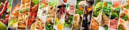 Food collage design template. Various tasty dishes. A restaurant menu cover or a groceries shop flyer. Bannerの写真素材