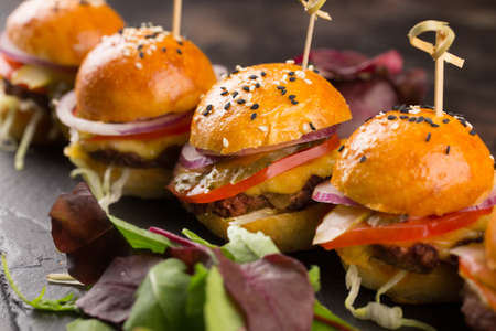 Mini cheeseburgers dressed with seeds served with salad on a black slate serving board, a close upの写真素材
