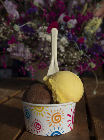 two scoop ice cream tub, vanilla and chocolate with recyclable spoon. background with colorful flower vase, on a wooden table.の写真素材