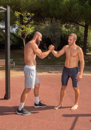 two sporty men high-fiving, greeting each other happily after having trained together in an open-air calisthenics park, shirtless. they are happy, smiling, looking at each other. vertical photogrtaphyの写真素材