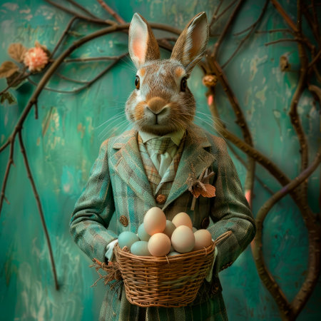 Mr. Easter Bunny with bow tie and elegant suit and jacket with basket of Easter eggs, green background with textures and roots of plantsの素材