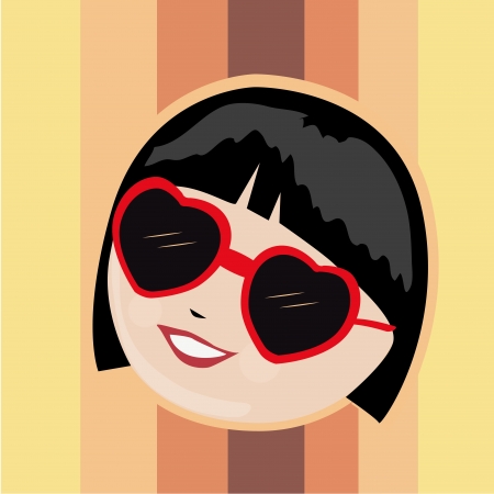 a happy young woman with red glasses in a striped backgroundのイラスト素材