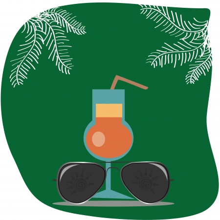 black sunglasses with a cold orange drink and two palms in the green backgroundのイラスト素材