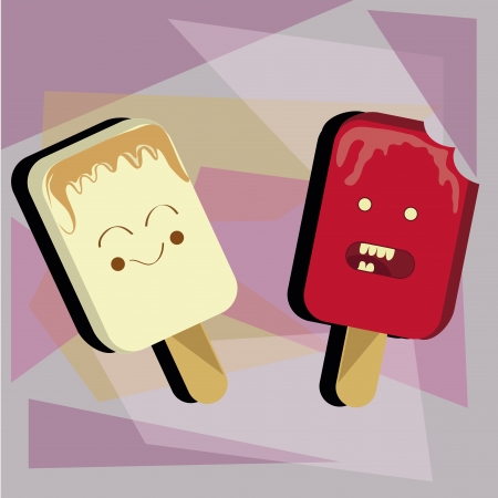 two white and red ice creams with faces waiting to be eaten in a textured backgroundのイラスト素材