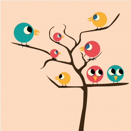 a beautiful tree with a lot of birds singingのイラスト素材