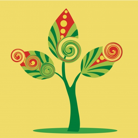 a beautiful green tree with three green leafs composed by green and red formsのイラスト素材